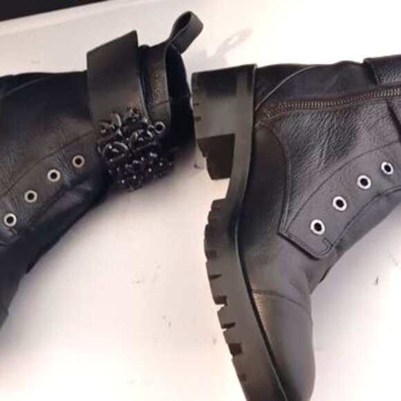 Karl Lagerfeld Paris Pippa Black Leather Bejeweled SideZip Lug-Sole Combat Boots - Picture 3 of 7